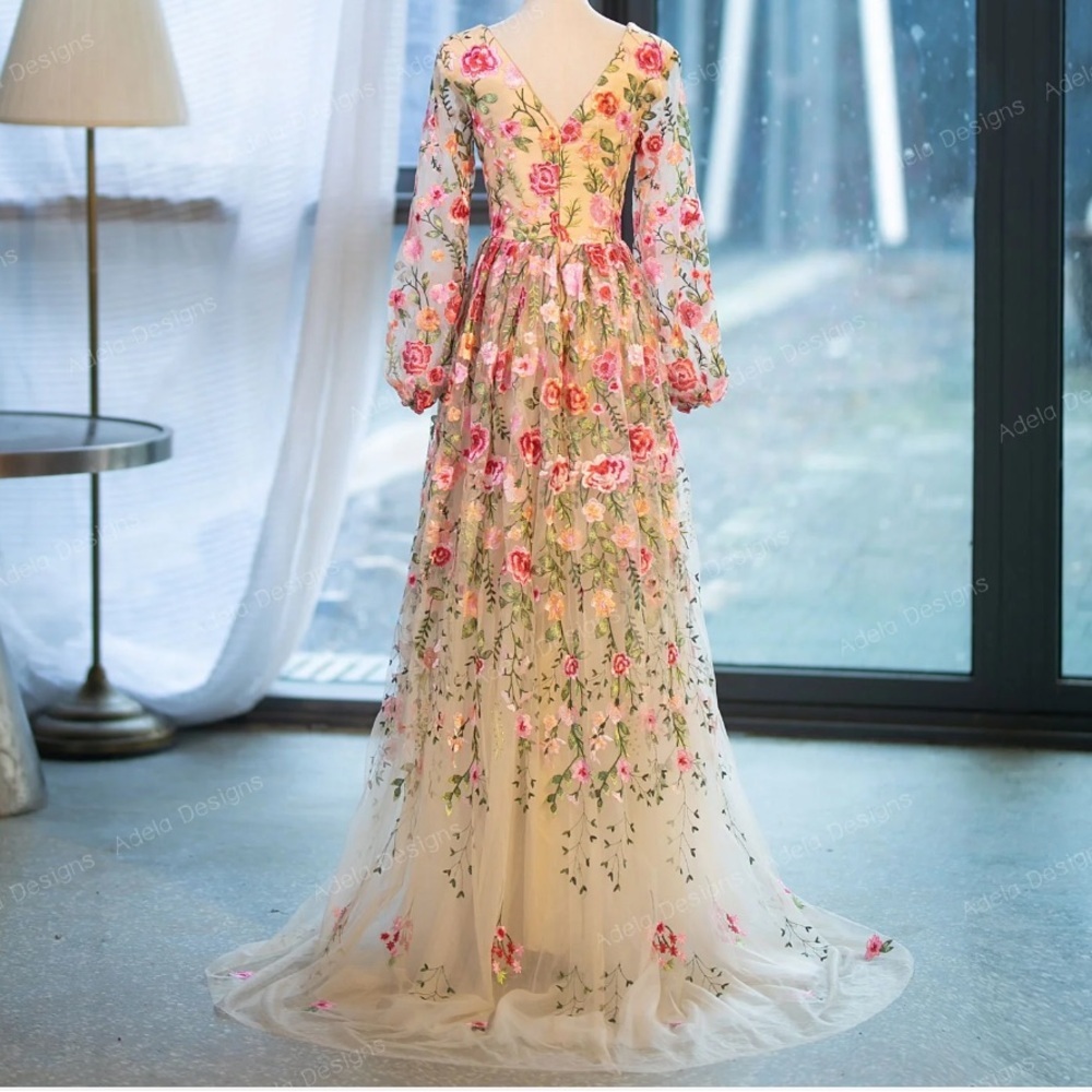 Wildflower Woodland Embroidered Dress Formal Gown Prom Wedding Long Sleeve Fairy